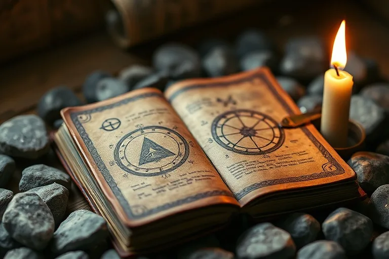 Antique leather journal with esoteric symbols, surrounded by river stones and a flickering candle, in extreme close-up.