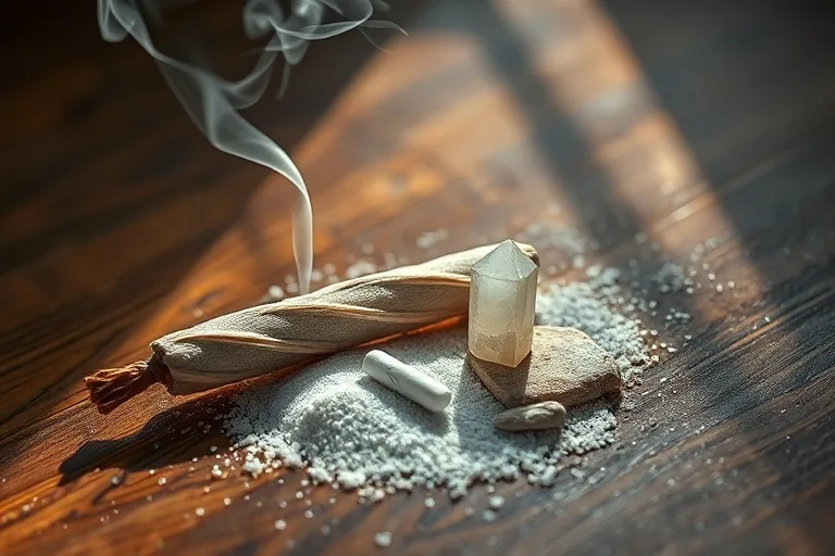 Still life of a smoldering smudge stick, clear quartz crystal, and sea salt on an antique wooden desk, bathed in ethereal light.
