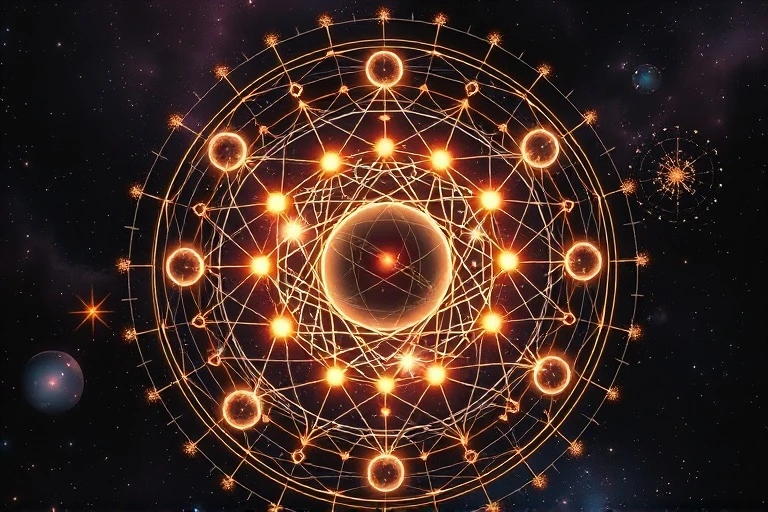 Complex network of glowing lines and spheres representing planetary transits