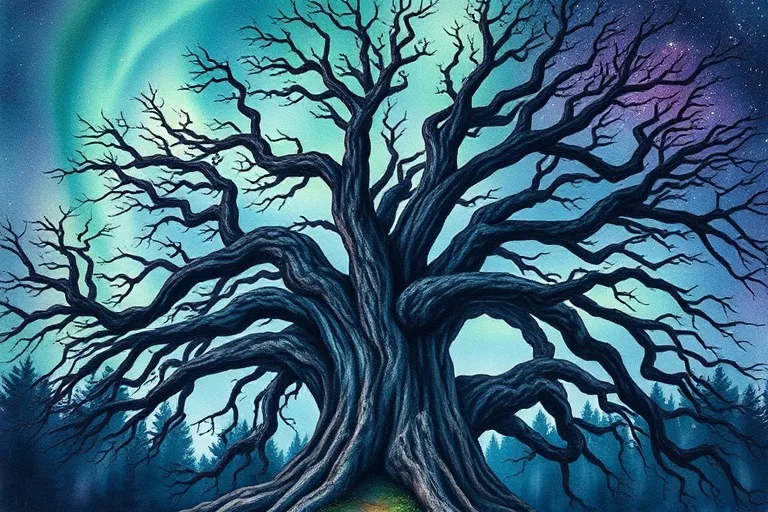 Watercolor painting of an ancient oak tree reaching for the aurora borealis