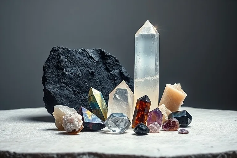 Assortment of protective crystals including black tourmaline and selenite.