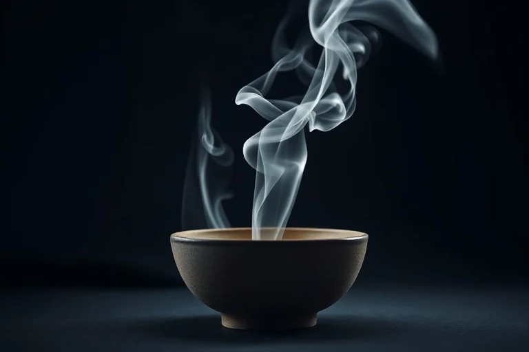 Abstract depiction of white sage smoke rising from a bowl, purifying the air.