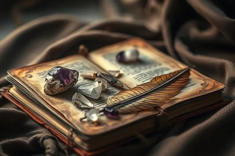 Vintage journal with crystals and feather, symbolizing tools for spiritual connection