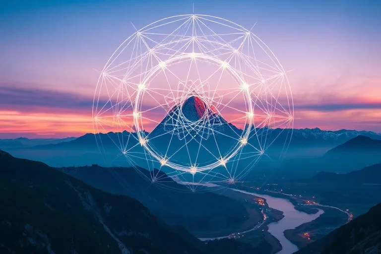 Abstract luminous lines forming a protective shield over a mountain and river, symbolizing spiritual protection
