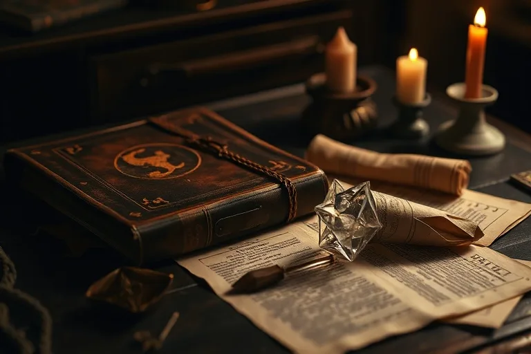 Vintage journal, crystal pendulum, and ancient scrolls on a wooden desk, symbolizing deep contemplation and esoteric wisdom.