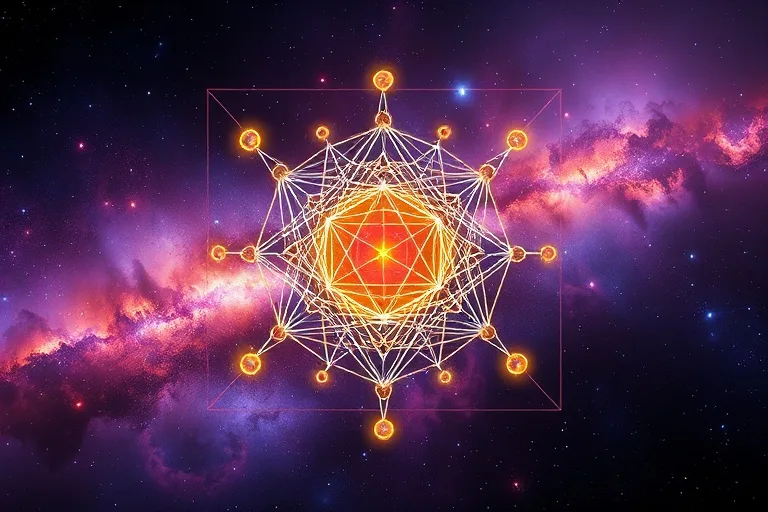 Abstract geometric form floating in a nebula with swirling colors, connected by energetic lines to glowing orbs, representing cosmic communication and unseen intelligence.