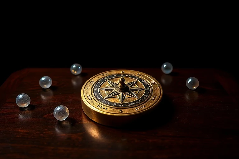 An ancient brass compass surrounded by glowing orbs on a dark table, symbolizing spiritual direction and unseen forces at play.