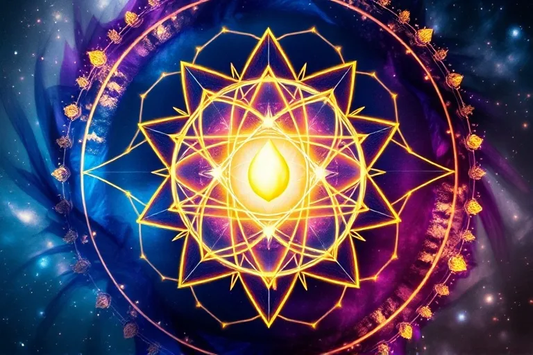 Abstract oil painting of intertwining light streams forming a protective shield around a luminous seed, symbolizing spiritual protection and inner growth.