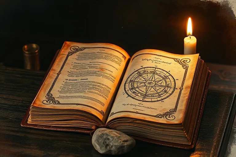 Cinematic still life of an open, worn leather journal with symbols, a flickering beeswax candle, and a smooth river stone on a wooden table.
