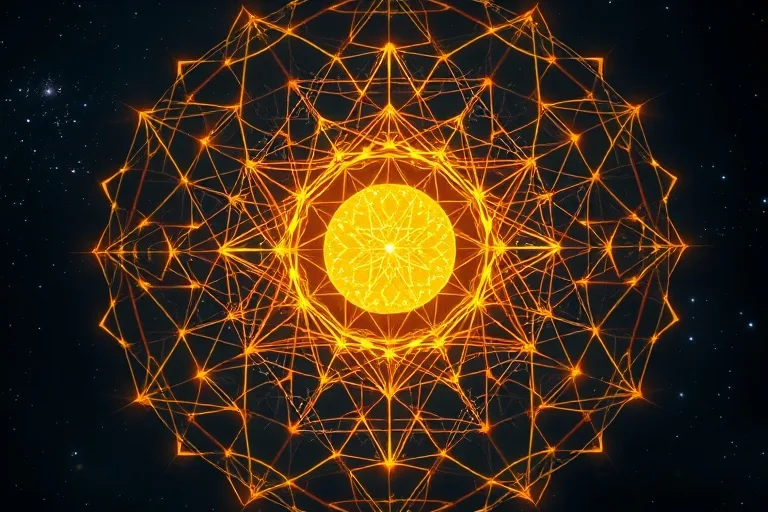 Abstract conceptual art of intertwined golden threads forming a protective web around a luminous orb, set against a cosmic blue background.