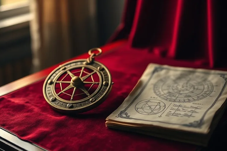 Antique astrolabe on a velvet desk with astrological scrolls, symbolizing deep study