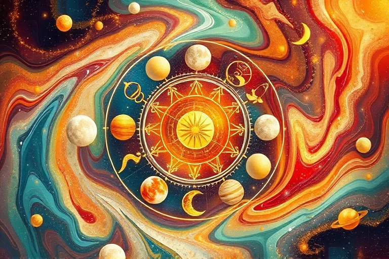 Abstract digital painting of swirling planetary symbols and elemental energies, representing stellium