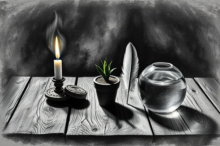 Cinematic still life photography of four distinct, symbolic objects arranged on an ancient, weathered wooden table. One object represents fire (a flickering candle), another earth (a small, robust potted plant), another air (a delicate, translucent feather), and the last water (a clear glass sphere reflecting light). The lighting is dramatic and moody, emphasizing textures.