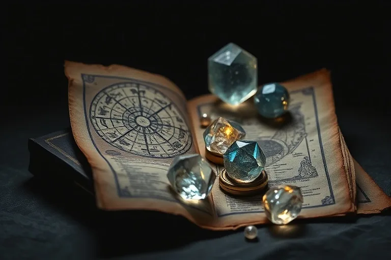 Cinematic still life of ancient astrological texts and crystalline asteroids, symbolizing hidden karmic insights.