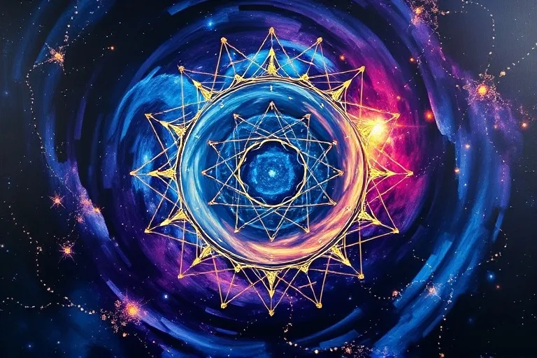 Abstract oil painting of a swirling vortex with golden threads connecting stars, symbolizing destiny and fated encounters.