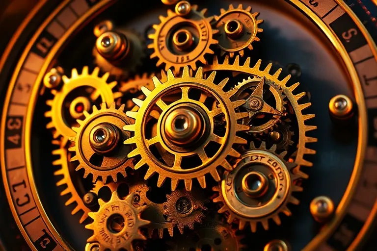 Digital illustration of antique, interconnected gears and clockwork mechanisms, symbolizing the complex, harmonious, yet challenging, dance of family members.