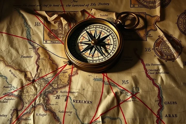 A broken antique compass on a weathered map, with red lines diverging, symbolizing lost direction or conflicting paths in a relationship.