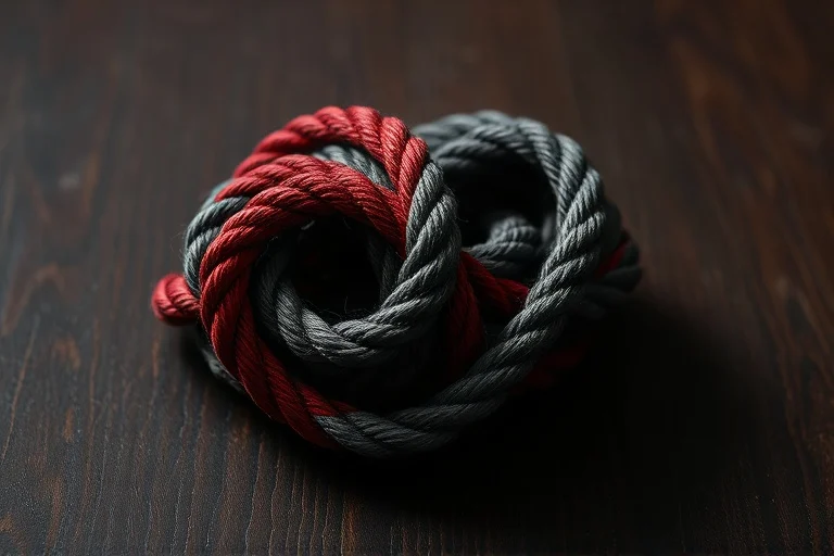 A tangled knot of thick, contrasting ropes on a dark wooden surface, with shadows suggesting complexity and difficulty in untangling.