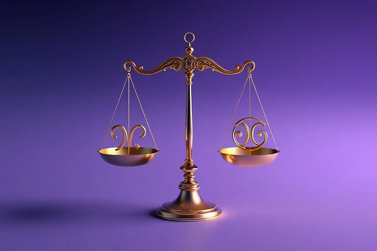 A delicate balance scale with two stylized astrological symbols, representing the give and take and equilibrium in a relationship, rendered as a 3D digital illustration.