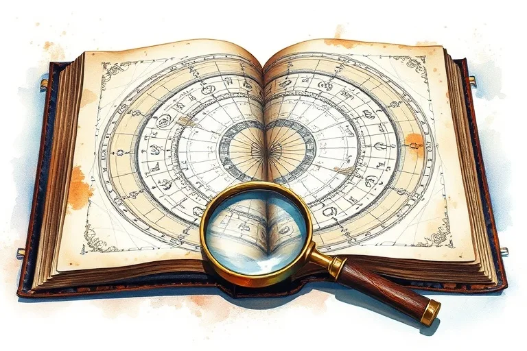 An open, ancient-looking book with pages depicting astrological glyphs and connecting lines, symbolizing the interpretation of synastry charts, with a magnifying glass on a page, rendered as a watercolor painting.