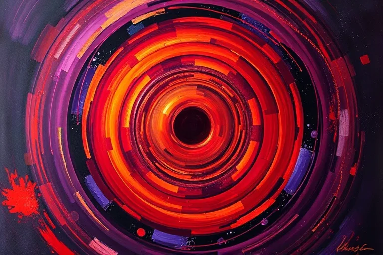 Abstract oil painting of concentric, overlapping rings in red, orange, and purple, symbolizing cyclical progression of action and passion