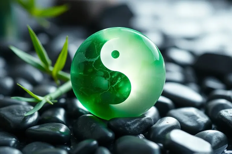 3D rendered stylized glowing yin-yang symbol made of polished jade, resting on river stones and bamboo shoots, radiating balanced energy.