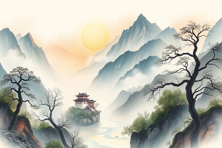 Watercolor painting of a tranquil mountain landscape at dawn, with a winding river flowing through a valley, ancient trees, and a distant temple, evoking peace and natural flow.