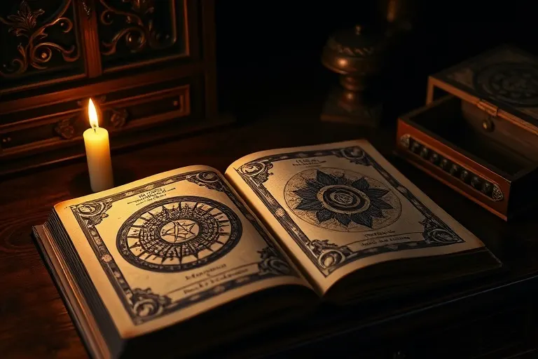 A cinematic still life of an antique desk with an open, esoteric book, a flickering candle, and a carved wooden box, evoking a mystical atmosphere.