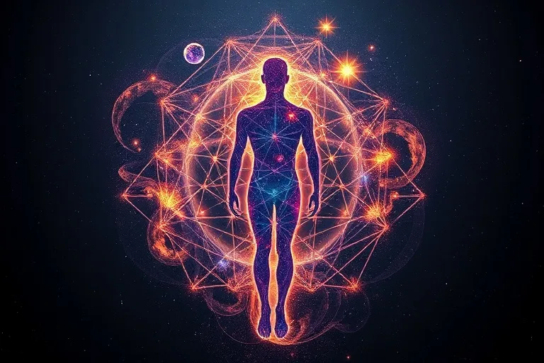 Abstract digital illustration of cosmic dust forming a human silhouette, with glowing energy lines connecting to stylized tarot card symbols in the void.