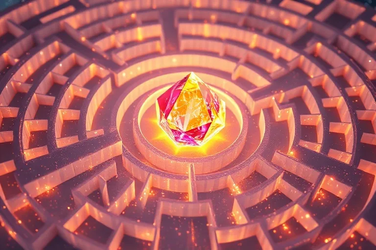 3D render of a glowing, translucent labyrinth with a radiant crystal at its center, symbolizing the intricate paths of self-discovery.