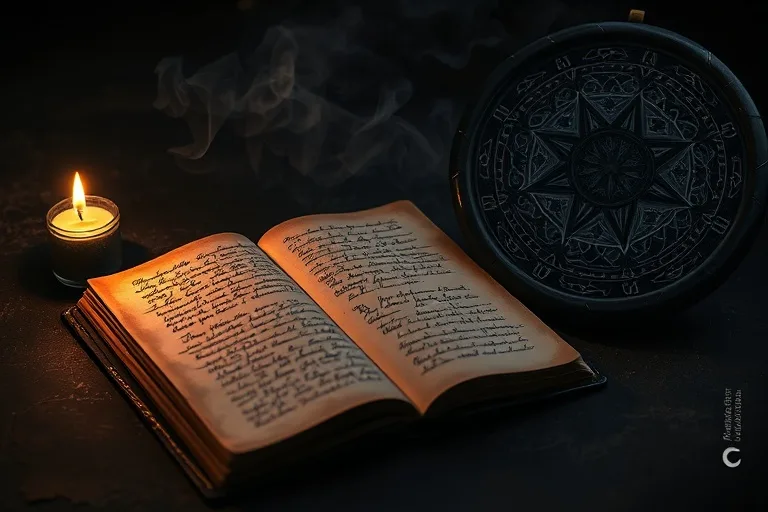 Cinematic still life of an open, worn leather journal with handwritten reflections, illuminated by a flickering candle, beside an obsidian scrying mirror reflecting mist.