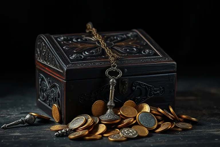 Cinematic still life of an antique wooden chest with old coins and a silver key, symbolizing shared wealth and legacies.