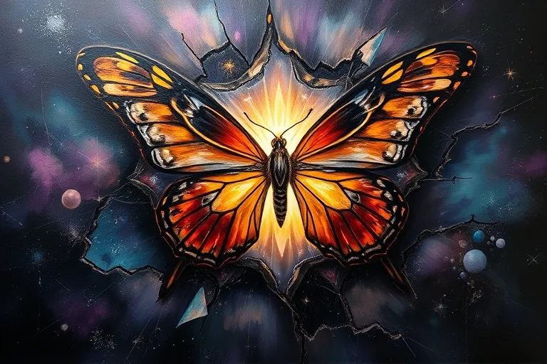 Abstract oil painting of a butterfly emerging from a cracked chrysalis, symbolizing rebirth and profound transformation.