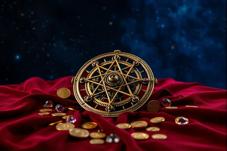 Cinematic still life of an antique brass astrolabe on velvet, surrounded by gold coins and gemstones, with a starry background.