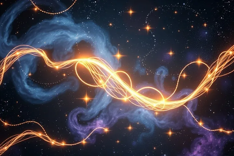Conceptual art of a glowing thread weaving through a cosmic tapestry, symbolizing destiny and happiness.