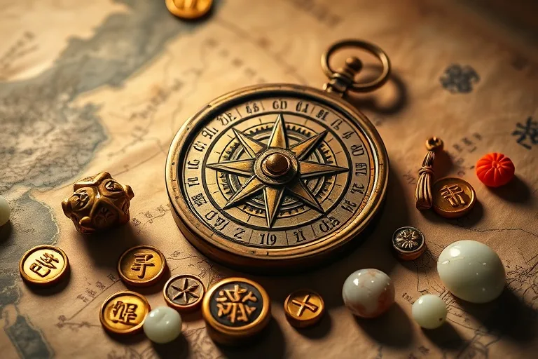 Ancient Chinese compass on a map, surrounded by gold coins and jade, symbolizing guidance and fortune.
