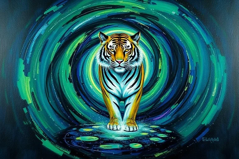 Abstract oil painting with swirling greens and blues, forming a dynamic vortex around a tiger silhouette.