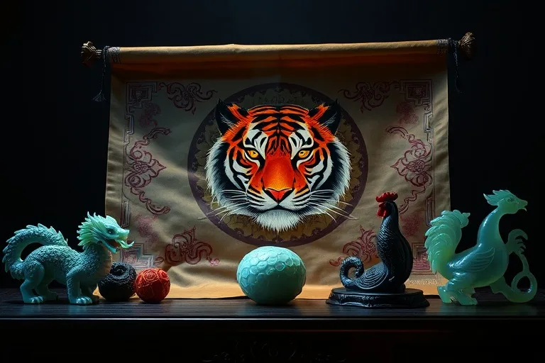 Cinematic still life of an antique Chinese scroll depicting a tiger, surrounded by jade zodiac carvings, lit dramatically.