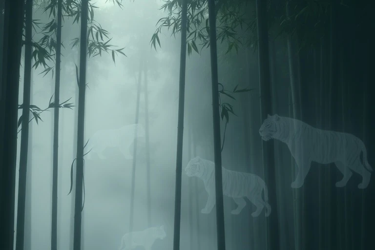 Conceptual art of a misty bamboo forest with ethereal tiger silhouettes, evoking hidden strength and natural beauty.