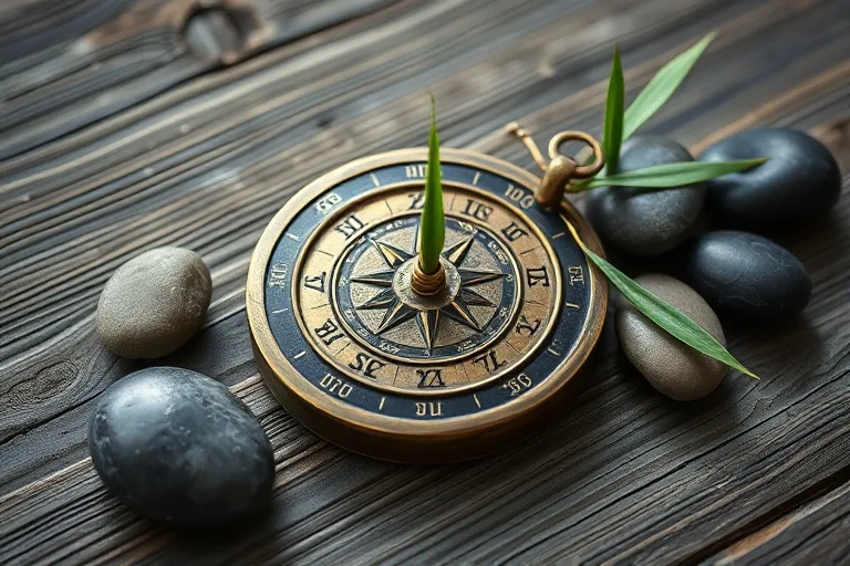 Extreme close-up macro photography of an ancient Chinese compass made of aged bronze, surrounded by polished river stones and a single, vibrant green bamboo shoot, all resting on a weathered wooden surface. Soft, diffused lighting.
