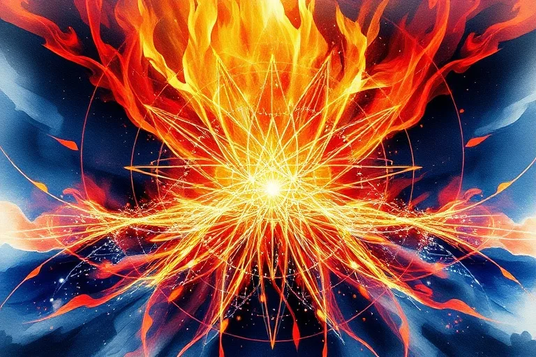 Abstract watercolor painting of a powerful flame engulfing metallic particles, creating a shimmering, ethereal effect. Dynamic brushstrokes, rich reds, oranges, and deep blues. No discernible objects, pure elemental energy.