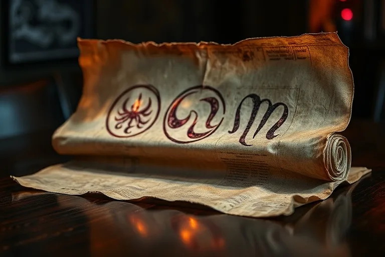 An ancient, weathered scroll displaying abstract symbols of the Five Elements illuminated by an ethereal glow on a dark wooden table.
