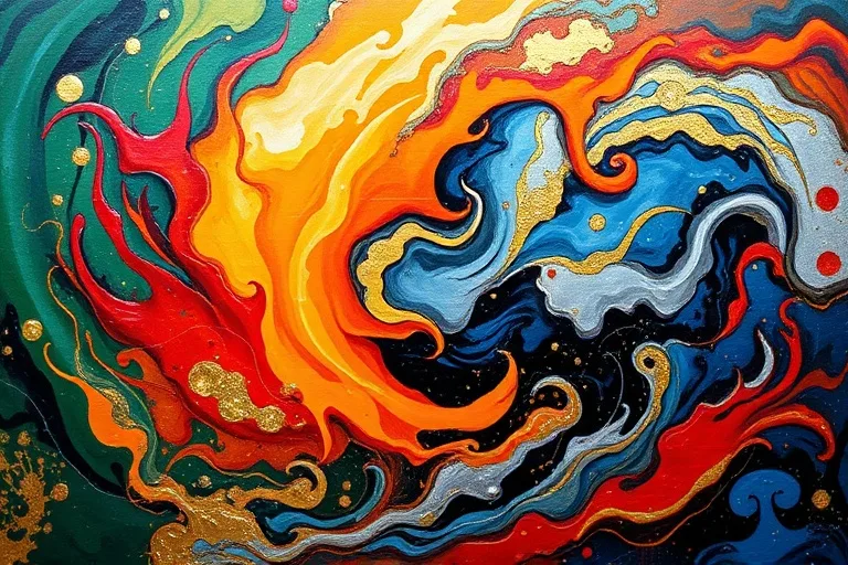 Abstract oil painting with bold, expressive brushstrokes in elemental colors, suggesting a swirling vortex of energy and complex personality traits.