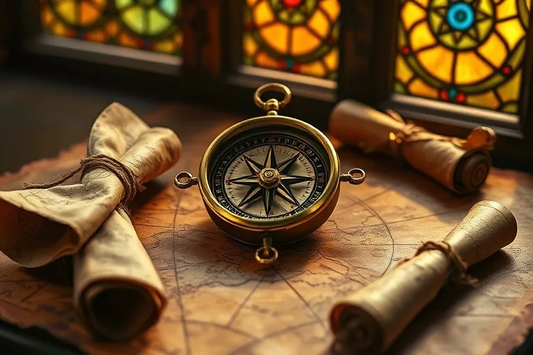 Antique brass compass on a leather map with scrolls, symbolizing strategic planning.