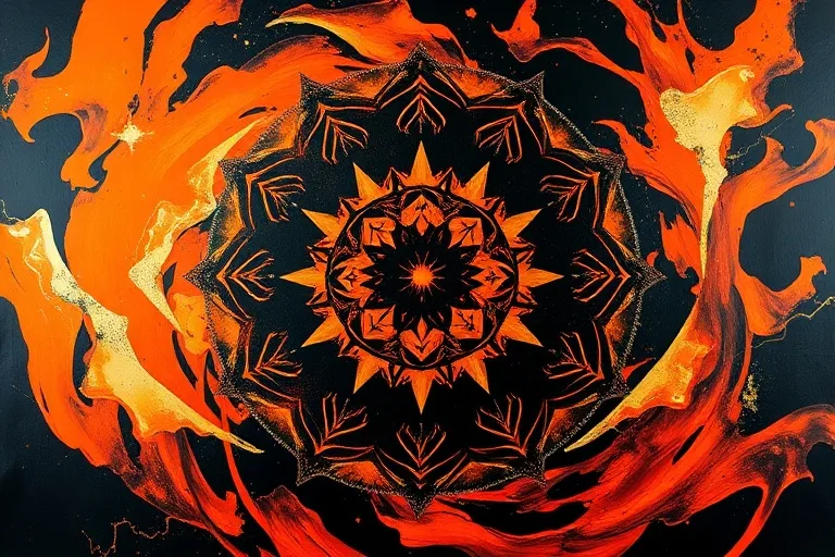 Abstract oil painting with vibrant orange, black, and gold, symbolizing raw energy and spirit.