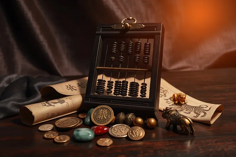 Antique abacus, Chinese calligraphy scroll with 'Fu' character, polished green and blue river stones, and a compass pointing East, all on a dark wood surface.