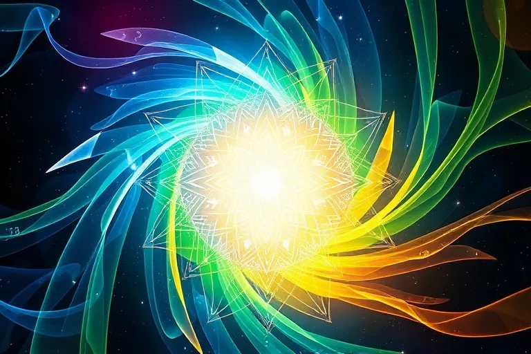 Abstract conceptual art with swirling, translucent ribbons of blue, green, and yellow colors, interwoven with subtle numerical patterns and directional arrows, converging to a luminous center.