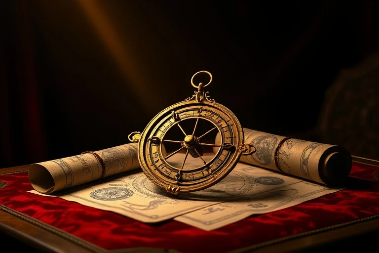 An antique brass astrolabe on a velvet desk, surrounded by astrological parchments, illuminated by a single light beam.