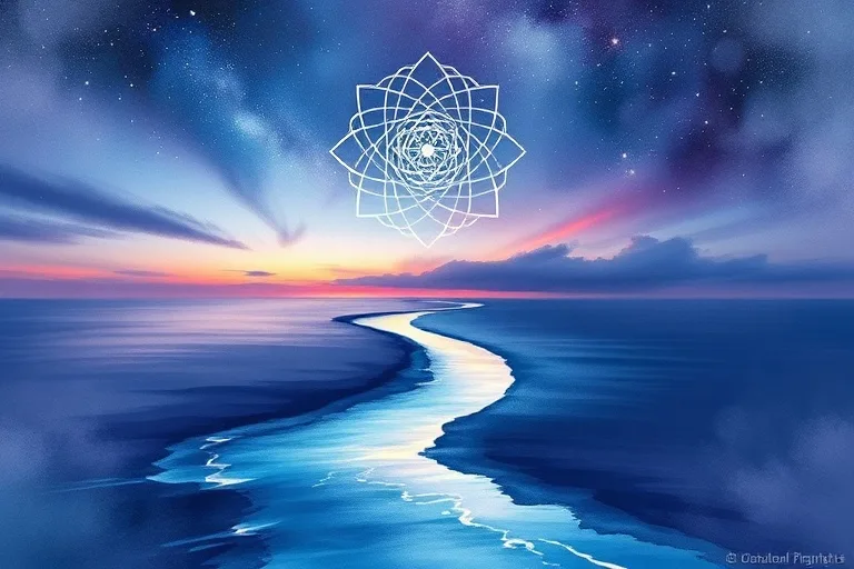 Abstract watercolor painting of a river flowing into an ocean at twilight, with subtle constellations reflecting on the water.