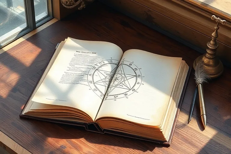 Watercolor painting of an open astrology book with a T-square aspect diagram, compass, and quill pen on a wooden desk.